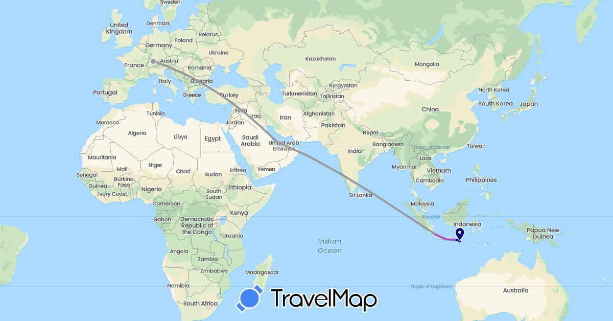 TravelMap itinerary: driving, plane, train in Switzerland, Indonesia, Qatar (Asia, Europe)